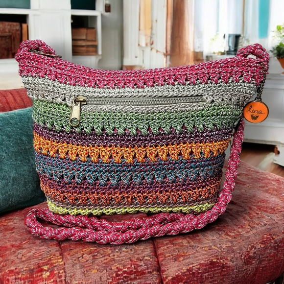 Lina Handbags - LINA Small Crochet Shoulder Bag Striped Shoulder Strap Hippie Festival 20" Strap